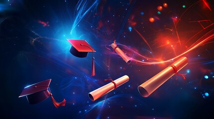 Graduation caps and diplomas floating in a vibrant, abstract space.