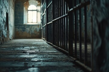 Confinement and Isolation: A View through Iron Bars in a Creepy Prison Cell
