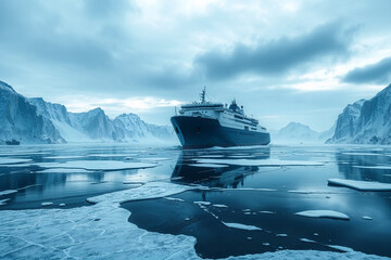 Cruise ship navigating icy waters in polar landscape