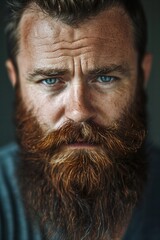 Man with a thick reddish-brown beard and striking blue eyes gazing intensely at the camera in an indoor setting with soft lighting
