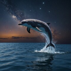 Obraz premium A dolphin leaping out of glowing waters into a starry, moonlit sky.