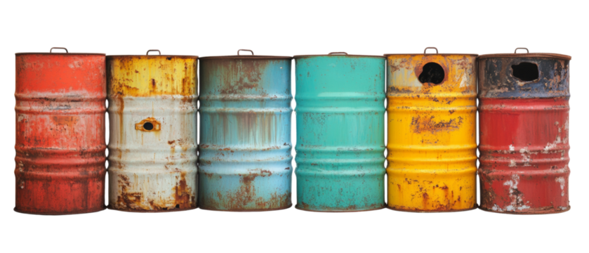 Colorful metal oil barrels isolated transparent background - Powered by Adobe