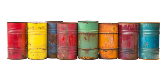 Colorful metal oil barrels isolated transparent background