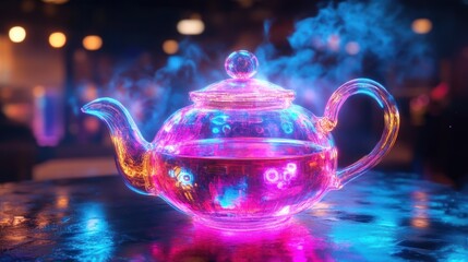 Neon Glowing Teapot Steaming in a Mystical Atmosphere: A Cyberpunk Tea Ceremony