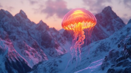 A giant, glowing jellyfish floating above a mountain range, casting eerie shadows on the snow-covered peaks beneath