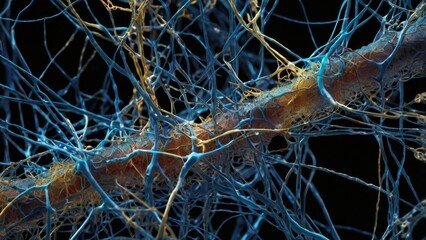 An artistic representation of quantum processes in microtubules inside neurons. The scene depicts microtubules interacting with quantum superposition states, processing multiple possible outcomes of a