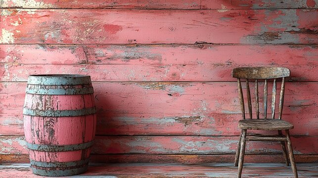 A rustic scene featuring a weathered barrel and an old wooden chair against a pink wall.