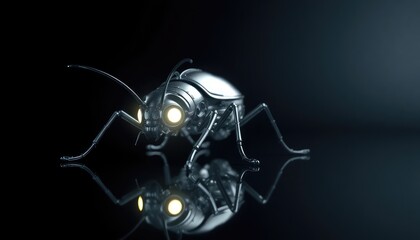 4K HD Wallpapers Giant Metal Insect With Glowing Eyes Crawling Across A Reflective Black Surface. Desktop Wallpaper HD. HD Backgrounds