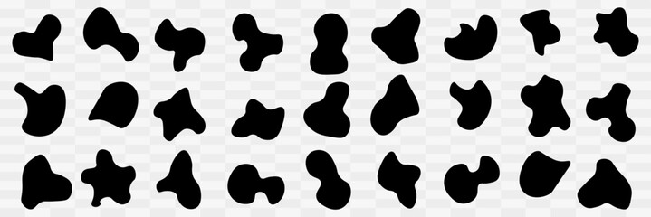Fototapeta premium Random blob circles silhouette icon set. An arrangement of black organic shapes. Isolated on a white background. Pebble, drops and stone silhouettes. eps10 55