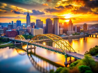 Obraz premium Birmingham Bridge Pittsburgh Sunset Tilt-Shift Miniature Photography - Cityscape Panorama
