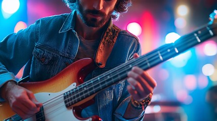 Obraz premium Close-up of a man playing bass guitar on stage under colorful lights.