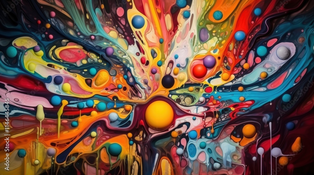 Poster vibrant colorful abstract painting with dynamic swirls and circular elements in bold hues and textur