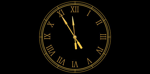 Mechanical Roman Numerals Wall Clock Design On Black Background, Gold Clock New Year Concept Vector Illustration.	