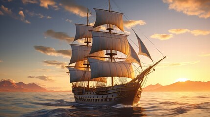 Ultra Realistic Sailing Ship at Sunset with Dramatic Clouds and Gentle Waves in a Serene Seascape Setting