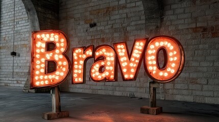 Naklejka premium Brightly lit bravo sign adds vintage charm to a spacious industrial venue at night. Generative AI