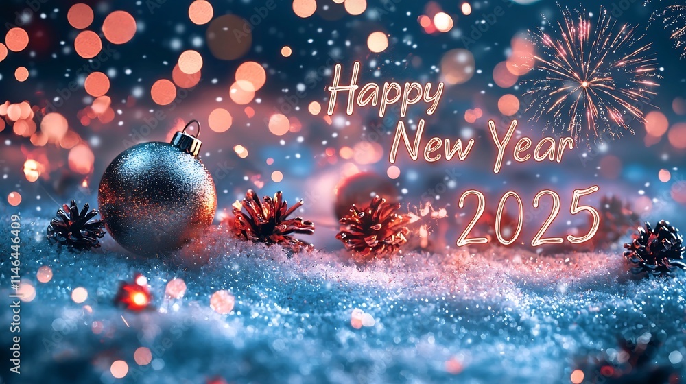 Poster captivating new year 2025 landscape with soft bokeh lighting glowing fireworks reflecting on the sno