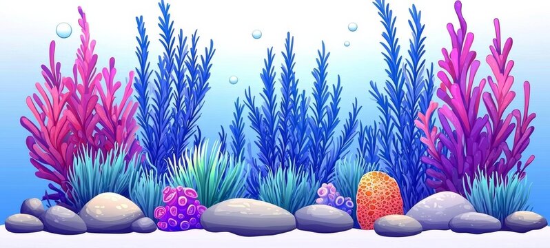 Underwater sea landscape with marine plants and animals
