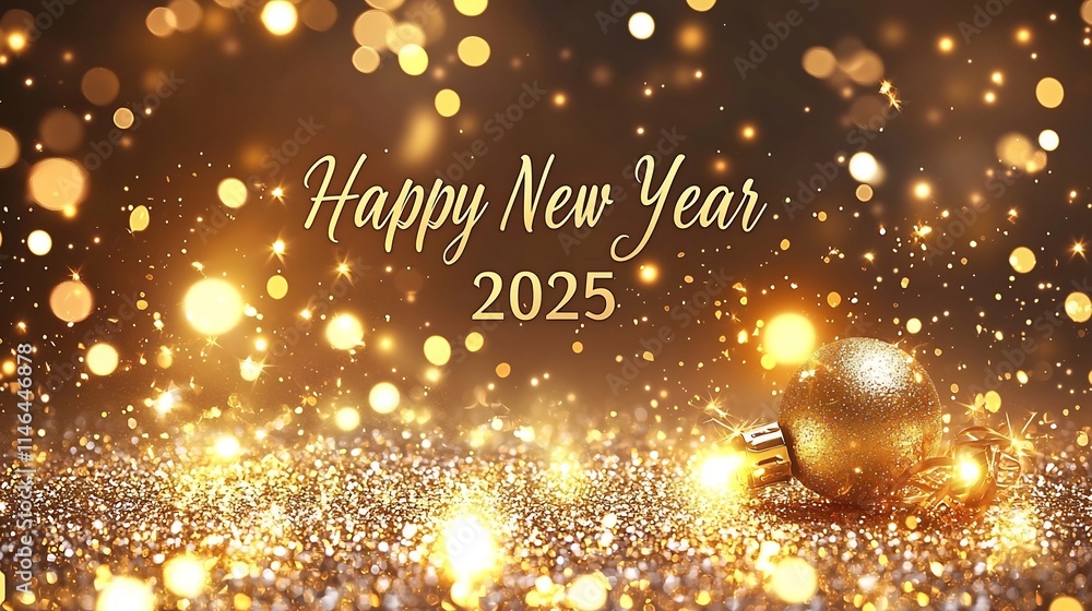 Poster charming and sophisticated new year 2025 backdrop with soft golden hues glowing sparkles and a clean