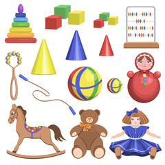 Obraz premium A collection of children's toys pyramid,cubes,abacus,skipping rope,bear,doll,rocking horse,balls isolated on a white background.Vector set for children's textiles,postcards.