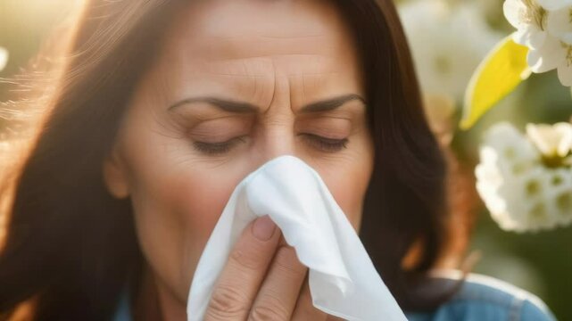 Dark-haired woman blowing her nose and sneezing into a handkerchief against the background of a flowering tree. The concept of spring allergies. The season of blossoms and flower pollen