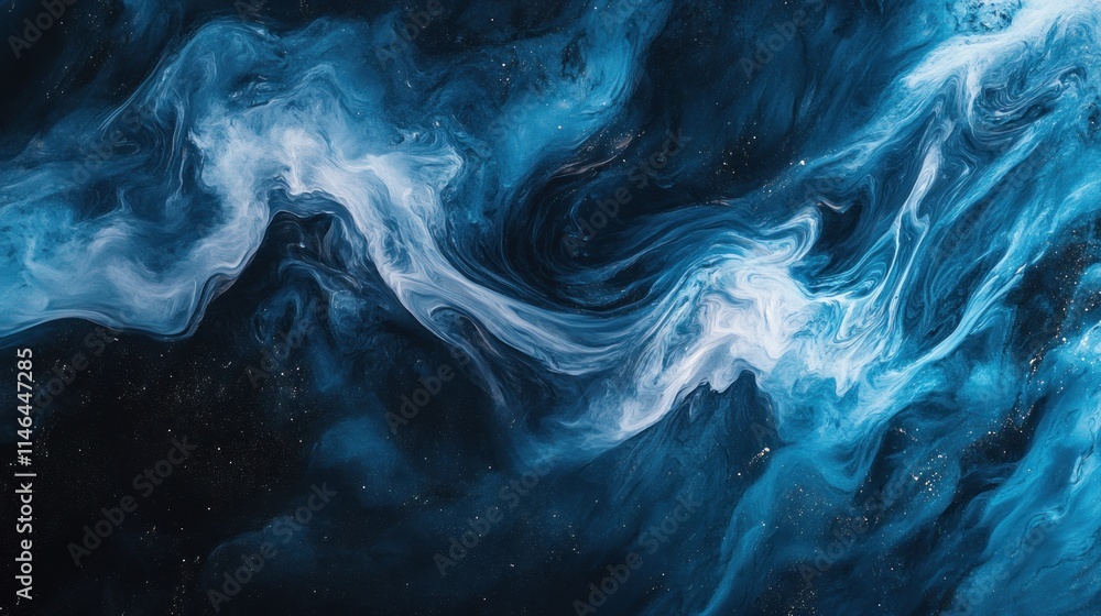 Poster abstract swirling blue and white patterns resembling cosmic elements.