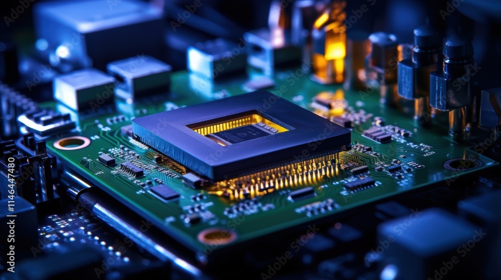 Poster macro view of a modern microprocessor showcasing intricate details of circuitry and technology on a 