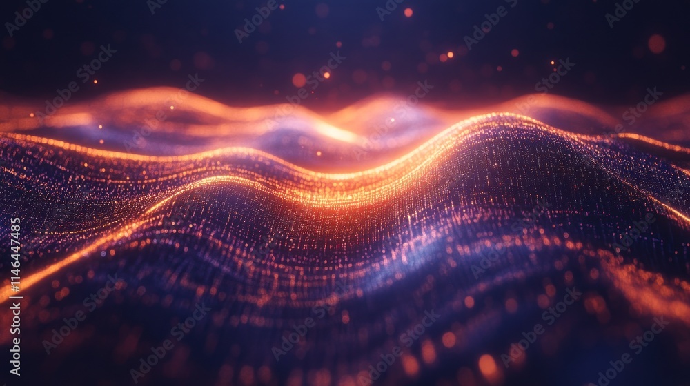 Poster abstract orange and blue digital wave landscape: a mesmerizing display of vibrant particles forming 