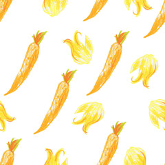 Orange and yellow vegetables wax crayon vegetables seamless pattern on white isolated background. Textural and food repeating pattern. Design for textiles, wrapping paper and wallpaper. 