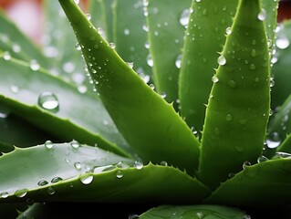 Close-up view of a healthy aloe vera plant with water droplets glistening on its leaves after a refreshing rain in a lush garden