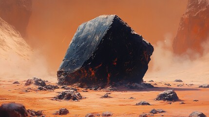 Dark cube-shaped rock on red alien planet.