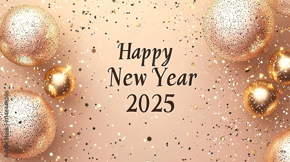 Poster delicate new year theme featuring a soft peach and gold background with subtle glowing confetti and 