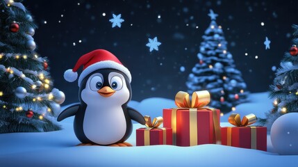 Merry Christmas, postcard with cartoon night winter landscape and penguin in Santa Claus hat with presents