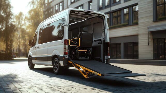 Accessible transport vehicle showcasing a wheelchair ramp in an urban setting during golden hour. Generative AI