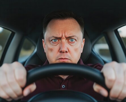 Driver exhibiting intense focus and concentration while gripping the steering wheel in a modern vehicle during daytime