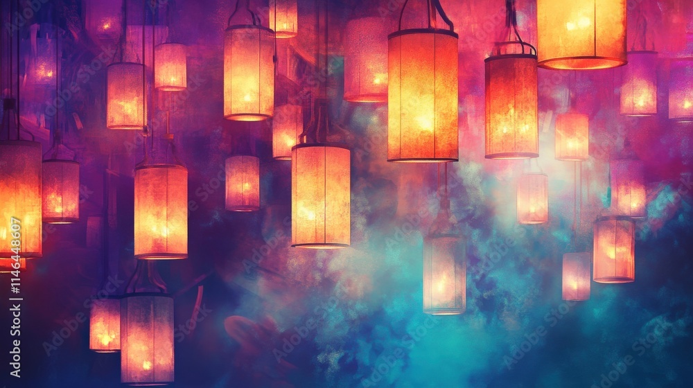Aufkleber vibrant colorful lanterns illuminating a mystical atmosphere with hazy background and soft glows cre