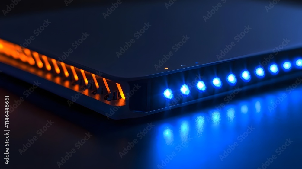 Poster a close-up of a modern router with illuminated led indicators.