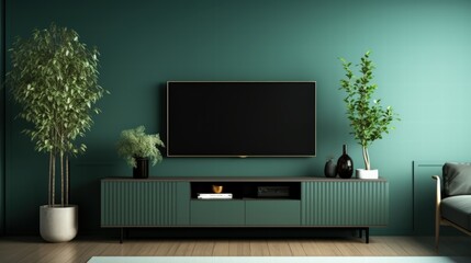 Modern Interior Living Room Design Featuring Green Walls, Stylish Furniture, and Decorative Plants for Contemporary Aesthetic