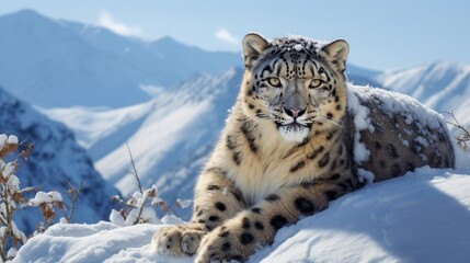 Fototapeta premium Snow leopard resting in a snowy mountain landscape under bright blue sky in winter