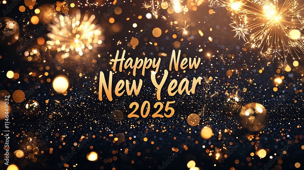 Aufkleber Elegant and Dazzling New Year 2025 with Soft Golden Bokeh and Captivating Fireworks in the Background Featuring a Clean Banner for Personalized Text