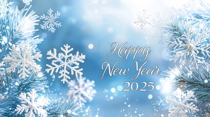 Elegant and minimalist New Year 2025 design featuring pastel blue and silver gradients delicate glowing accents and an open section for customizable text or messaging