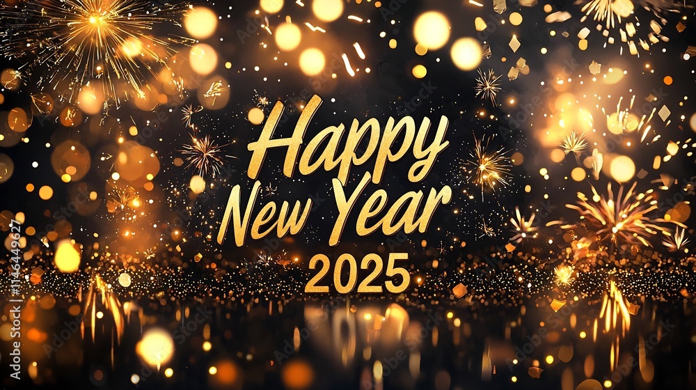 Aufkleber elegant new year 2025 theme featuring soft golden bokeh dazzling fireworks in the background and a c