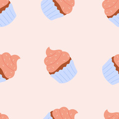 Cupcakes, seamless pattern. Sweet chocolate muffins, choco pastry texture design. Endless background, repeating print.