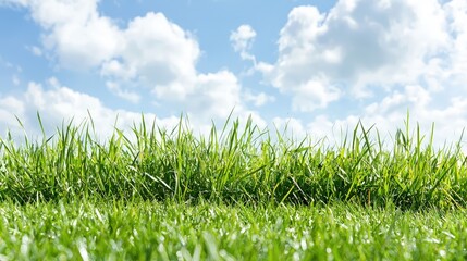 Fototapeta premium Lush green grass blades grow towards a bright blue sky filled with fluffy white clouds on a sunny day.