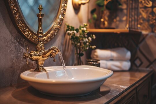 Golden Faucet Elegance: A Close-Up of Stylish Bathroom Decor and Sophisticated Sink Design
