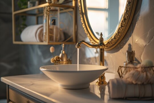 Golden Faucet in Stylish Bathroom Interior with Oval Mirror and Hand Towels Shelf