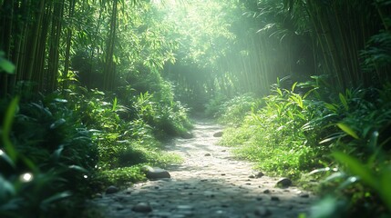 Obraz premium Photo of a path through a bamboo forest surrounded background