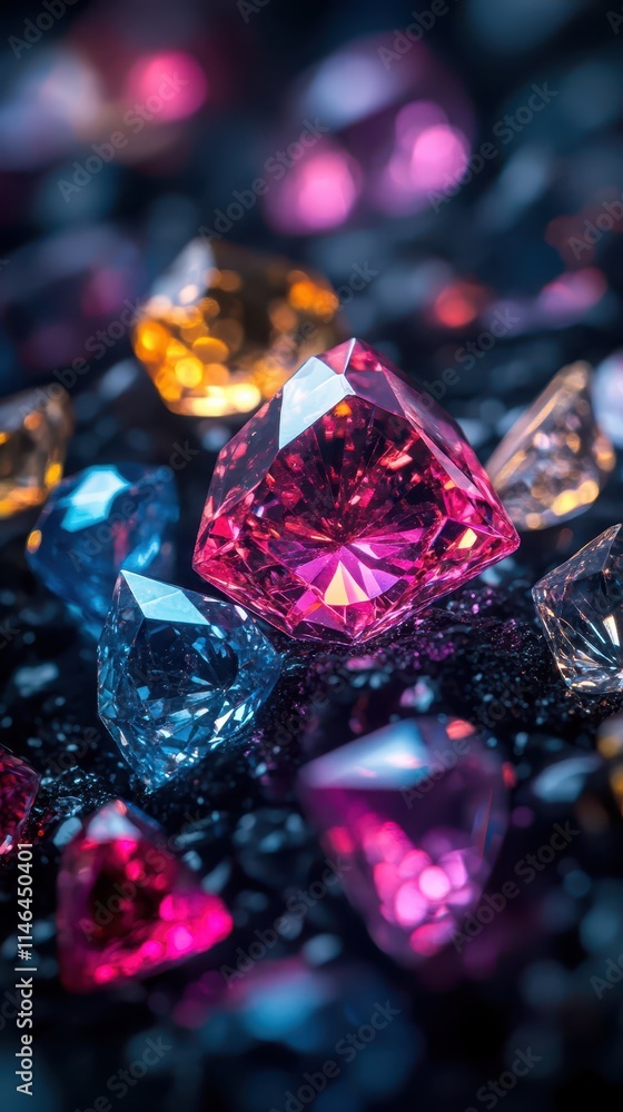 Poster various colored diamonds scattered on a dark surface creating a vibrant display