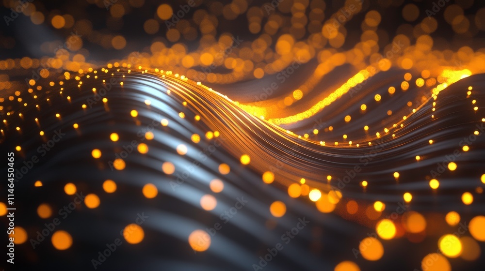 Poster abstract wave pattern with glowing golden lights and smooth curves creating a mesmerizing digital la
