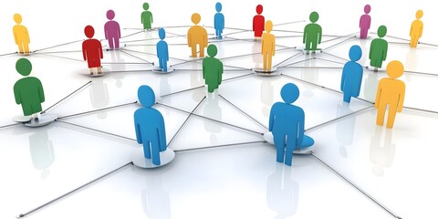A network of colorful figures connected by lines, representing social interaction and collaboration.