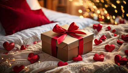 A charmingly wrapped present with a red ribbon sits on a soft, cozy bed, surrounded by heart-shaped decorations, radiating warmth and love. Perfect for romantic or festive themes.